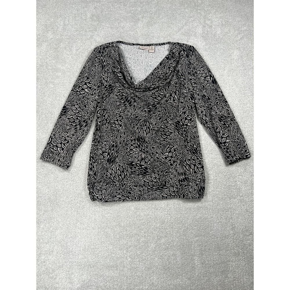Easywear by Chicos Women Small Black White Abstract Feather Cowl Neck 3/4 Sleeve